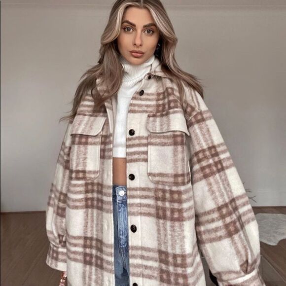 Shacket Jacket Coat Wool Blend NWT Check - Picture 1 of 15